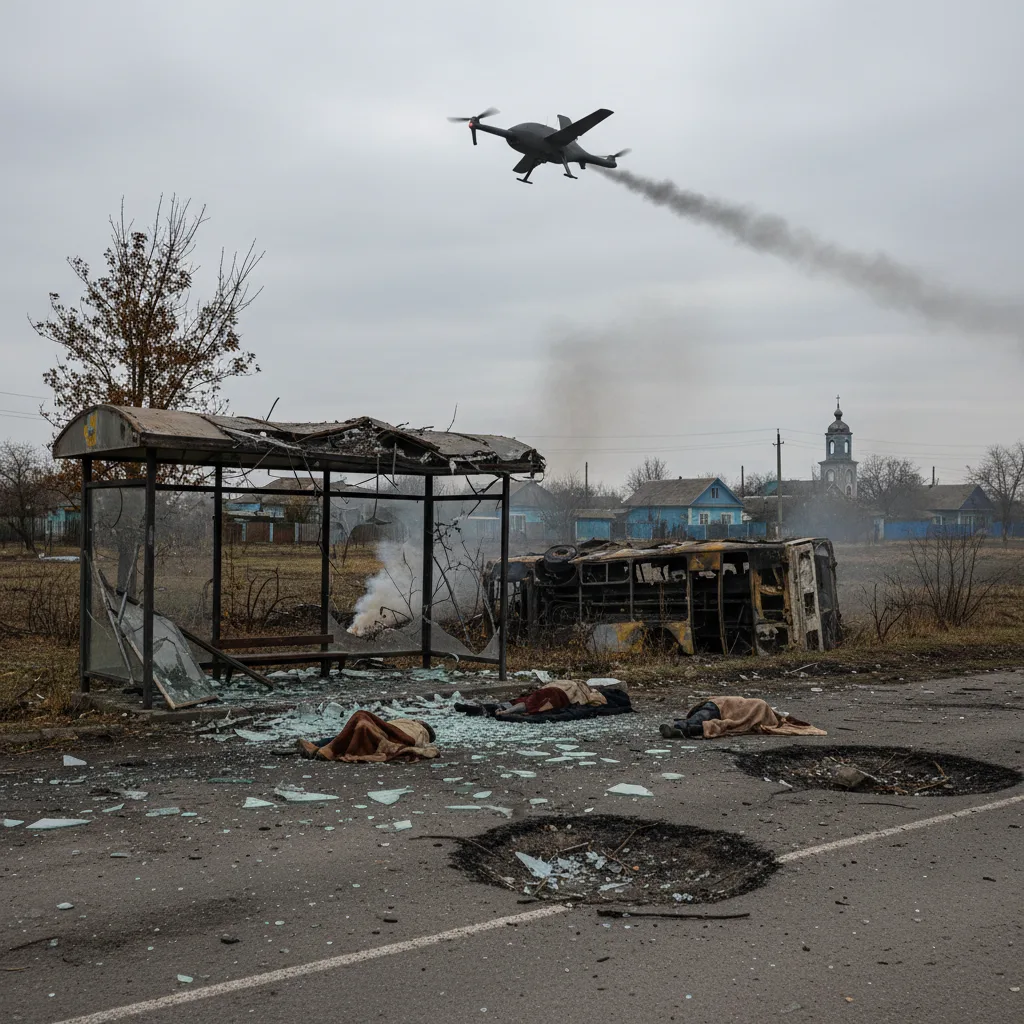 Colpo di drone russo su fermata bus in Ucraina centrale: tre morti e terrore deliberato